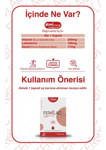 Ferolac Demir (Bisglisinat Şelat), Laktoferrin ve C Vitamini – 30 Kapsül fiyatları