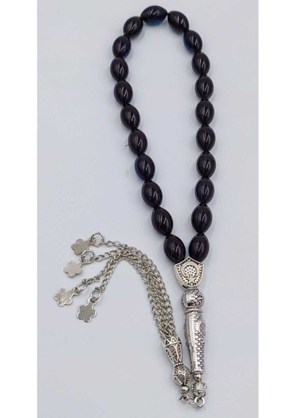 Bilek Boy Siyah Mavi Alpaka Püskül Ateş Kehribar Tespih (Ahşap Kutulu)