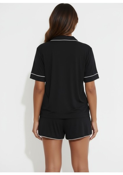 Düğmeli Biyeli Şortlu Pijama Takımı modelleri