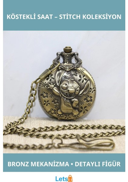 Stitch Tasarımlı Vintage Bronz Renk Köstekli Saat