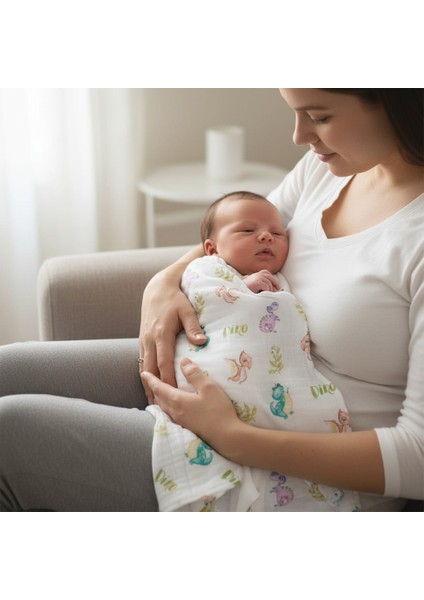 Çok Amaçlı Organik Müslin Örtü - Dino - 120 x 120 cm