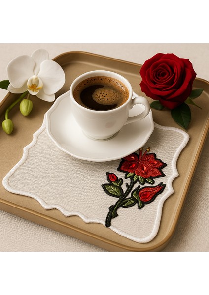 Kırmızı Çiçek Motifli Özel Tasarım Kahve Sunumluğu – El Işçiliği fiyatları