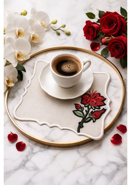 Kırmızı Çiçek Motifli Özel Tasarım Kahve Sunumluğu – El Işçiliği fırsatları