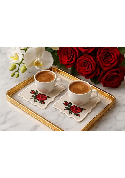 Kırmızı Çiçek Motifli Özel Tasarım Kahve Sunumluğu – El Işçiliği indirimleri