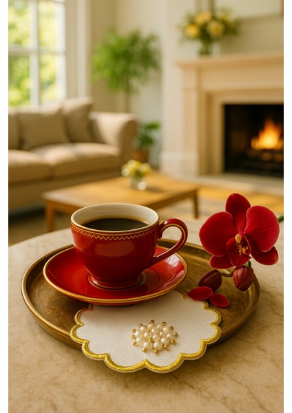 Inci ve Gold Detaylı Yuvarlak Kahve Sunum Peçetesi – El Işçiliği