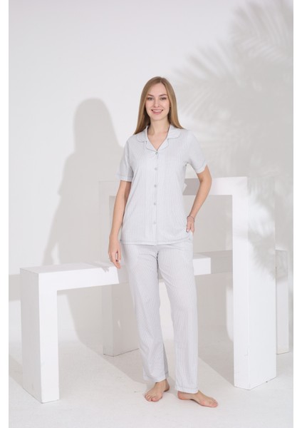 %100 Pamuk Kısa Kol Önden Düğmeli Gömlek Yaka Kadın Pijama Takımı 73400 fiyatları