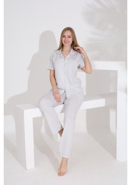 %100 Pamuk Kısa Kol Önden Düğmeli Gömlek Yaka Kadın Pijama Takımı 73400 modelleri