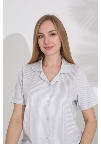 %100 Pamuk Kısa Kol Önden Düğmeli Gömlek Yaka Kadın Pijama Takımı 73400 fırsatları