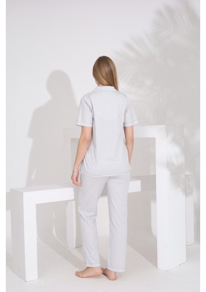 %100 Pamuk Kısa Kol Önden Düğmeli Gömlek Yaka Kadın Pijama Takımı 73400 indirimleri