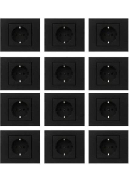 Grano Metalik Siyah Topraklı Priz + Çerçeve 12 Adet