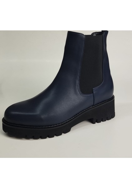 Kadın Hakiki Deri Lastikli Eva Taban Lacivert Deri Bot modelleri