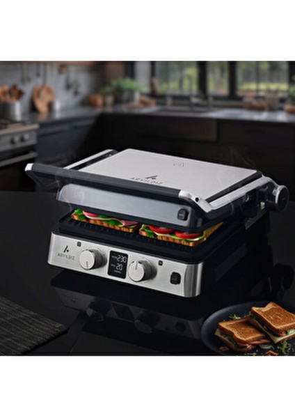 Deluxe Grill Tost Makinesi 2200 W Çift Taraflı Yanmaz Yapışmaz Kaplama Açık Gri