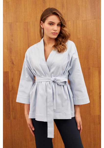 Mavi Kemerli Şal Yaka Kimono