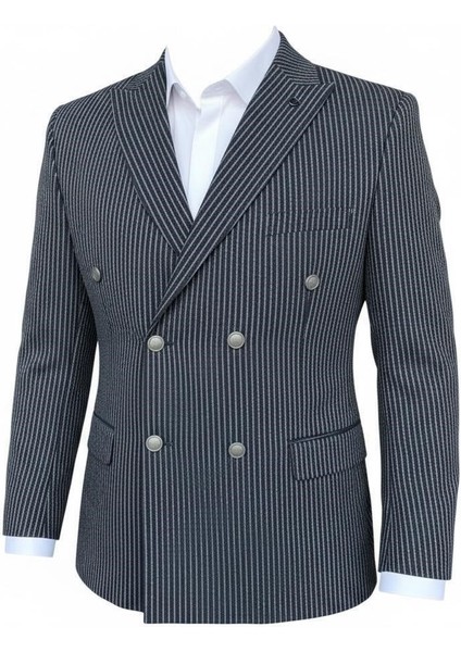 Italyan Kesim Lacivert Kruvaze Takım Elbise – Modern Slim Fit – Çizgili Kumaş Detaylı