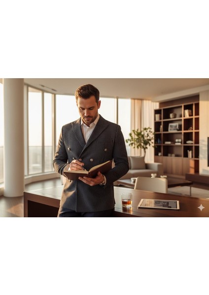 Italyan Kesim Lacivert Kruvaze Takım Elbise – Modern Slim Fit – Çizgili Kumaş Detaylı