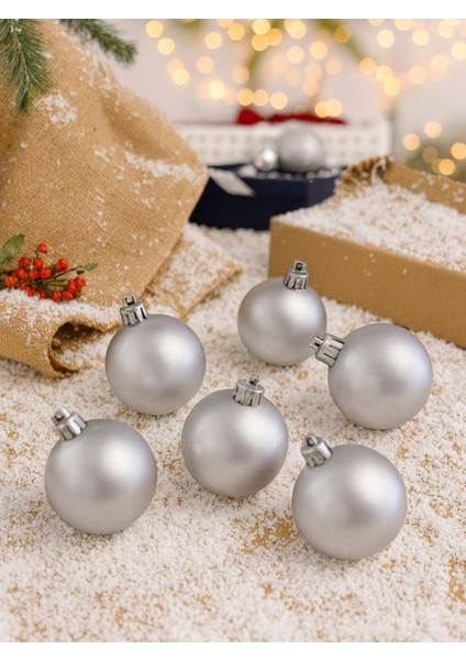 Yılbaşı Topu Kutulu Çam Ağacı Süsü Gümüş Renk 4 cm 6'lı