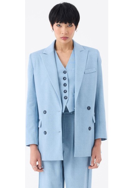 Oversize Kruvaze Kesim Ceket - Mavi