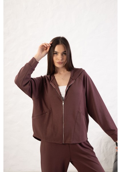 Kadın Rahat Kalıp Uzun Kollu Fermuarlı Modal Kumaş Cepli Kapüşonl