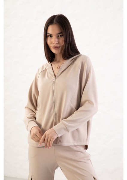 Kadın Rahat Kalıp Uzun Kollu Fermuarlı Modal Kumaş Cepli Kapüşonl