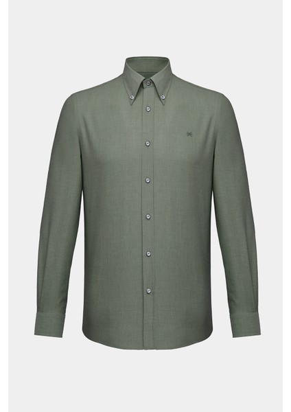 Erkek Haki Cooper Fit Düğmeli Yaka Kaşmir Karışımlı Flannel Spor Gömlek