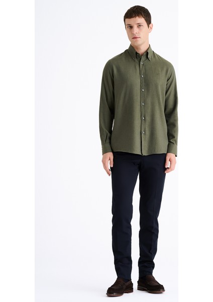 Erkek Haki Cooper Fit Düğmeli Yaka Kaşmir Karışımlı Flannel Spor Gömlek fiyatları