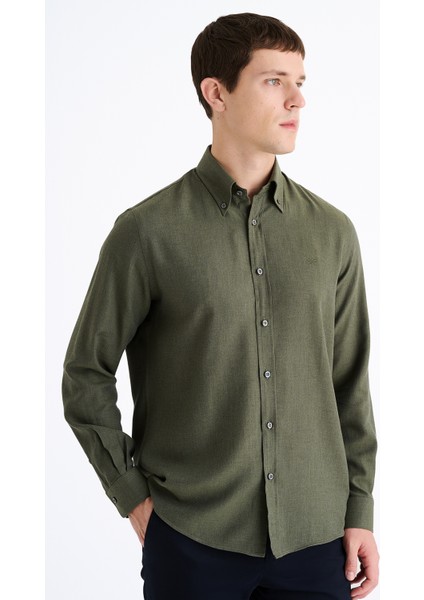 Erkek Haki Cooper Fit Düğmeli Yaka Kaşmir Karışımlı Flannel Spor Gömlek modelleri