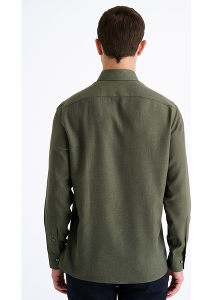 Erkek Haki Cooper Fit Düğmeli Yaka Kaşmir Karışımlı Flannel Spor Gömlek fırsatları