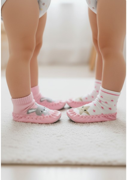 2'li Kaydırmaz Deri Taban Rahat Bebek Çocuk Çarık Soket Çorap Patik Panduf Ev Anaokulu Ayakkabısı