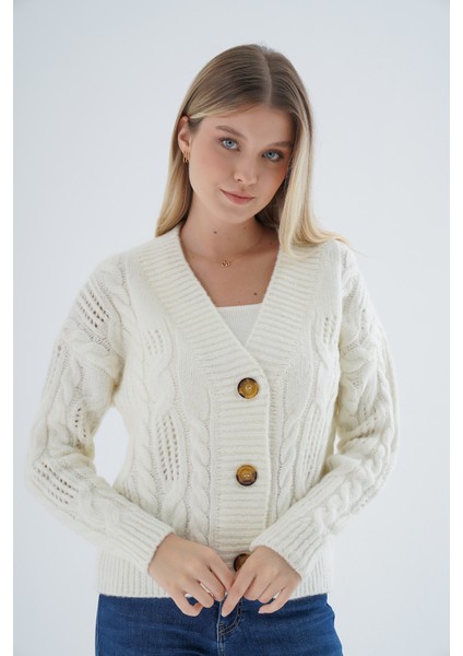 Kadın Kemik Oversize V Yaka Saç Örgülü Ajurlu Düğmeli Yün Karışımlı Triko Örme Uzun Hırka