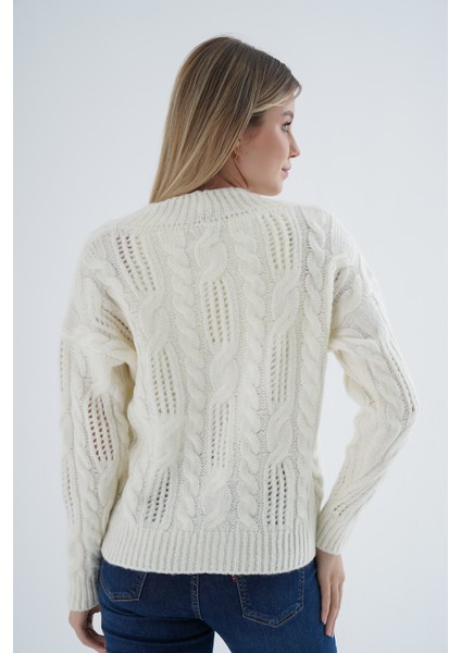 Kadın Kemik Oversize V Yaka Saç Örgülü Ajurlu Düğmeli Yün Karışımlı Triko Örme Uzun Hırka fiyatları