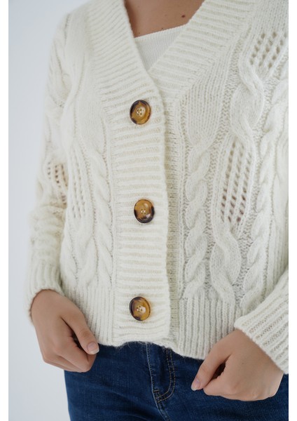 Kadın Kemik Oversize V Yaka Saç Örgülü Ajurlu Düğmeli Yün Karışımlı Triko Örme Uzun Hırka fırsatları