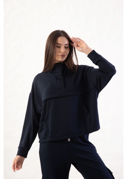 Kadın Rahat Kalıp Uzun Kollu Yarım Fermuar Modal Kumaş Kanguru Ce