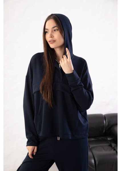 Kadın Rahat Kalıp Uzun Kollu Yarım Fermuar Modal Kumaş Kanguru Ce modelleri