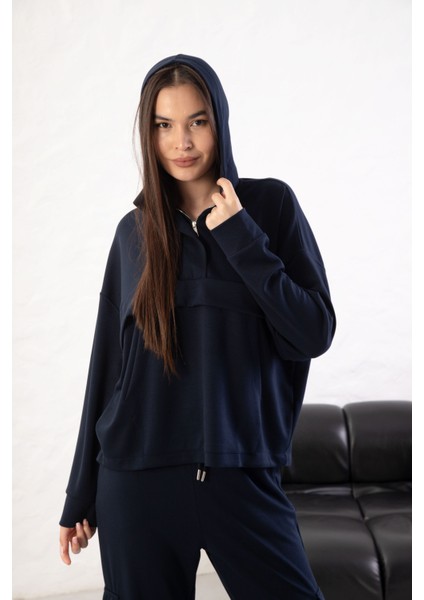 Kadın Rahat Kalıp Uzun Kollu Yarım Fermuar Modal Kumaş Kanguru Ce fırsatları