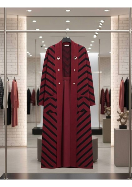Kadın Tesettür Düğme Detaylı Uzun Çizgili Hırka Bordo Standart indirimleri