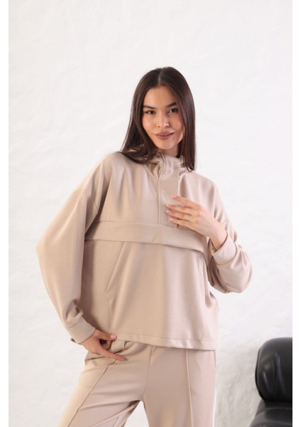 Kadın Rahat Kalıp Uzun Kollu Yarım Fermuar Modal Kumaş Kanguru Ce
