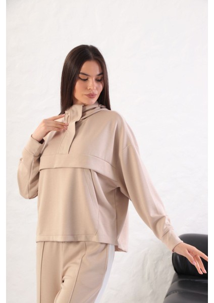 Kadın Rahat Kalıp Uzun Kollu Yarım Fermuar Modal Kumaş Kanguru Ce fiyatları