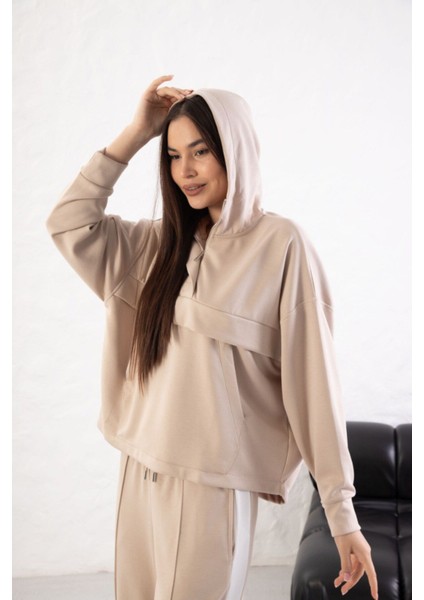 Kadın Rahat Kalıp Uzun Kollu Yarım Fermuar Modal Kumaş Kanguru Ce modelleri