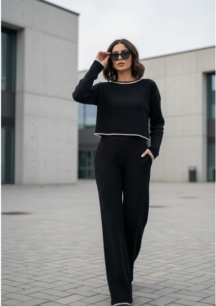 Kadın Bisiklet Yaka Çoban Dikişli Örgü Crop Kazak Pantolon Triko