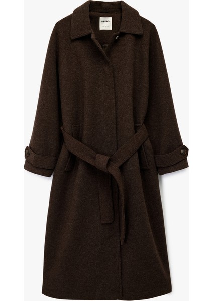 Kemerli Uzun Kaşe Kaban Düğmeli Uzun Kollu Cepli