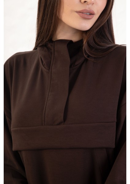 Kadın Rahat Kalıp Uzun Kollu Yarım Fermuar Modal Kumaş Kanguru Ce fiyatları