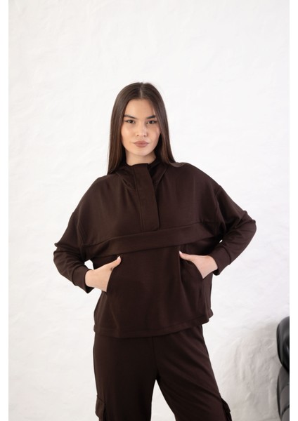 Kadın Rahat Kalıp Uzun Kollu Yarım Fermuar Modal Kumaş Kanguru Ce modelleri