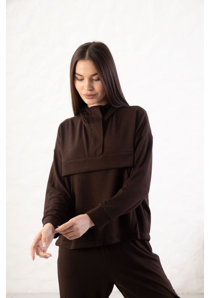 Kadın Rahat Kalıp Uzun Kollu Yarım Fermuar Modal Kumaş Kanguru Ce indirimleri