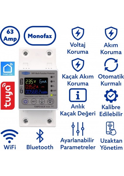 Kaçak Akım Koruma Rölesi Ve Yüksek Voltaj Ve Akım Koruyucu Röle 63A Wifi Özellikli Devrim