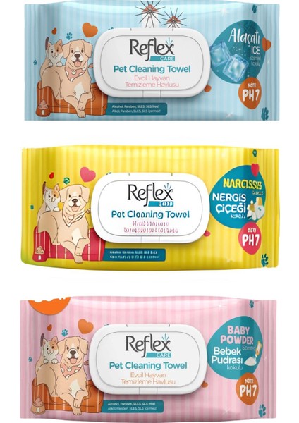 Care Evcil Hayvanlar Için Hijyenik Temizleme Mendili 3'lü 50'li Karışık Koku Seti Pudra, Nergis, Alaçatı