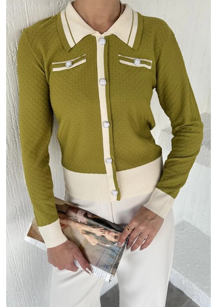 Kadın Polo Yaka Incili Düğme Detaylı Triko Hırka (S-M-L Beden Uyumludur.) P-00018053