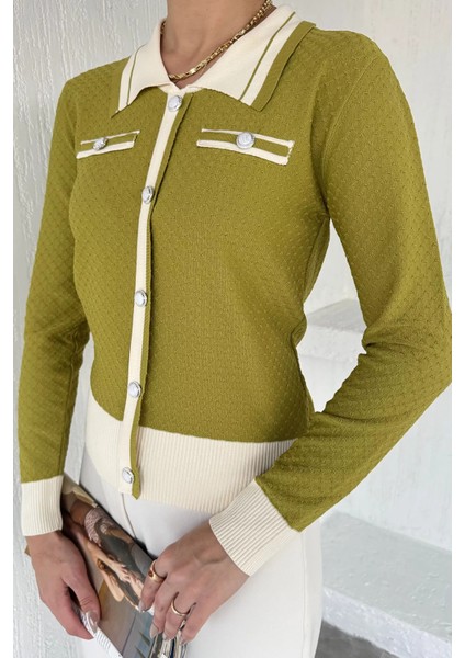 Kadın Polo Yaka Incili Düğme Detaylı Triko Hırka (S-M-L Beden Uyumludur.) P-00018053 fiyatları