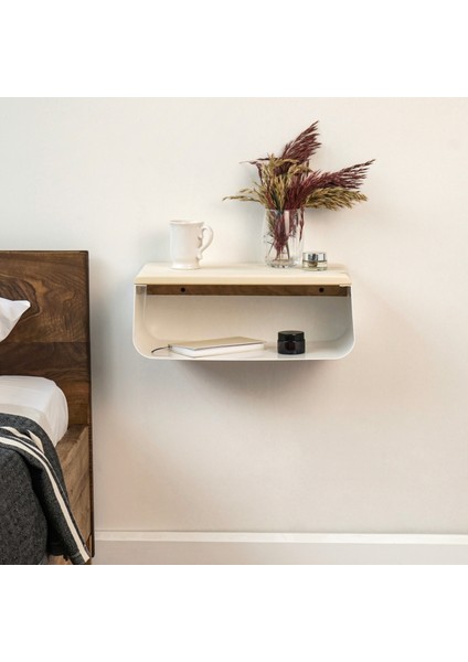 Ceviz Üstü Yüzer Metal ve Ahşap Organizer Komodin, Modern Yatak Odası Dekoru