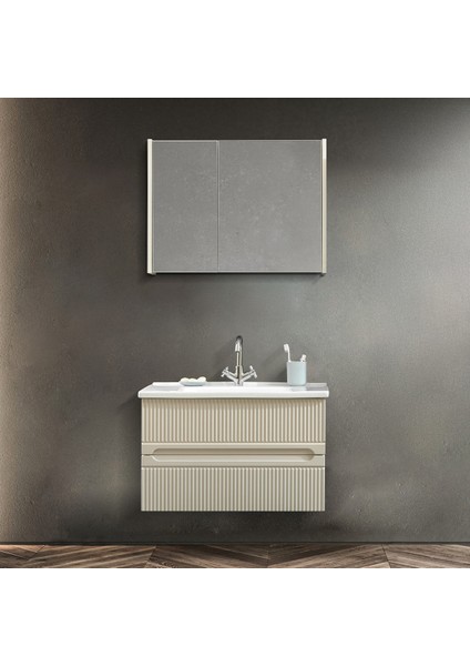 Duo 80 cm Krem %100 Mdf Lavabolu Banyo Dolabı, Aynalı Üst Dolap