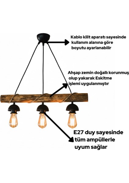 Doğal Ahşap , 3 Lü Eskitme Sarkıt El Yapımı Ahşap Avize Kafe Ev Balkon Ofis Dekoru
